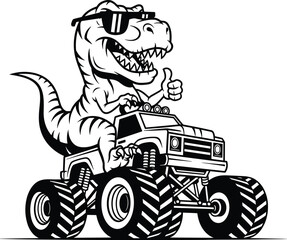 Cool t-rex dinosaur driving monster truck, funny reptile mascot with sunglasses, extreme off road vehicle, black line art, cad drawing flat vector illustration © MstJahanara