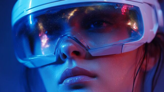 Cyberpunk portrait of futuristic woman focused in neon cyberspace. Wearing goggle style vr headset, she explores metaverse with advanced virtual reality technology