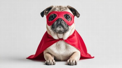 Superhero pug in a red mask and cape