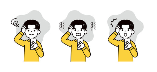 スマートフォンを見て、困る・落ち込む・驚く10代の男性・学生のベクターイラスト素材セット