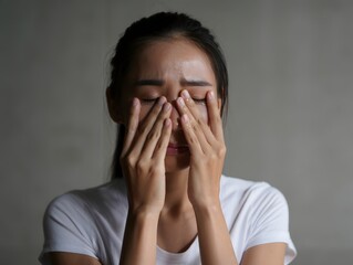 Young Woman Crying, Covering Face with Hands, Emotional Distress