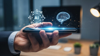 Businessman Hand Holding Smartphone Displaying Artificial Intelligence AI Brain Hologram and Global Network Connections, Concept of Future Technology and Digital Transformation