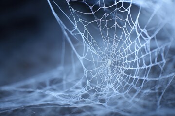 Realistic close-up of intricate white cobwebs showcasing the eerie beauty of spider silk on a dark background during nighttime