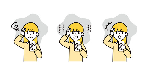 スマートフォンを見て、困る・落ち込む・驚く10代の女性・学生のベクターイラスト素材セット