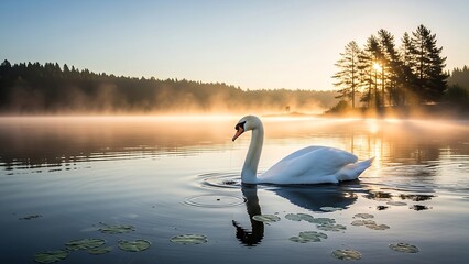 Swan on a serene lake at sunrise.