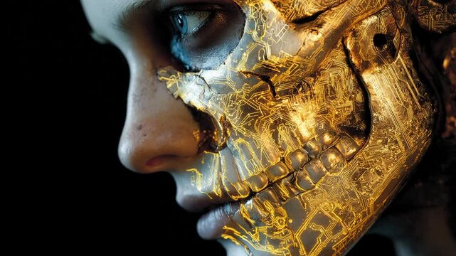 Futuristic robot android, bionic cyborg machine with artificial intelligence. Surreal humanoid head in profile, half human face and half golden skeleton, exploring mortality, humanity, and technology