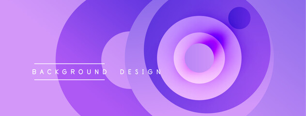 Purple abstract design features concentric circles, gradients. Minimalist text reads background design. Modern, vibrant visual composition.