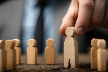 Businessman selects a wooden figure to represent hiring decisions during a strategy session in a modern office environment