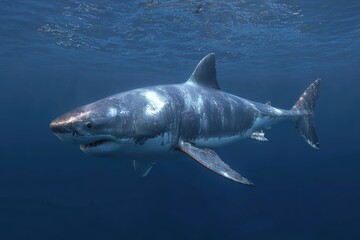 Fototapeta premium Great white shark swimming gracefully in its natural ocean habitat showcasing its powerful form and intricate details under the azure waters