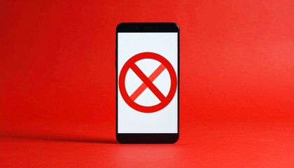 A smartphone stands upright against a red background, displaying a person obscured by a large red prohibition symbol, conveying digital restriction, blocking, or privacy control in a bold composition.