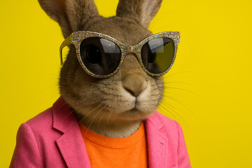 Funny rabbit wearing sunglasses and colorful fashion outfit on bright yellow background for creative humor concept, modern pop art style, advertising and trendy design use
