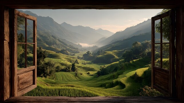 View through an open rustic wooden window looking out at lush green terraced rice fields and distant mountains in morning mist scenery.