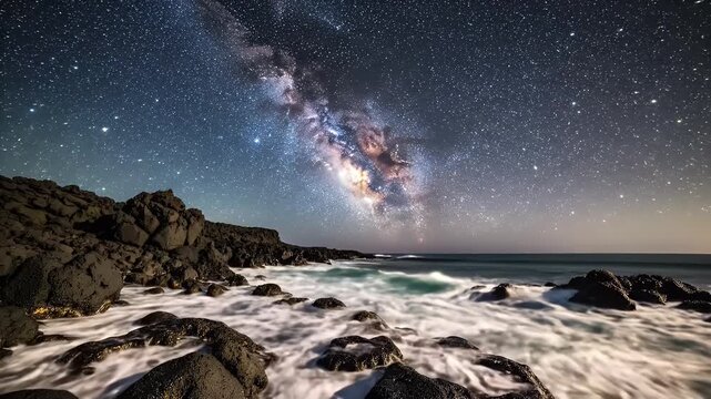 Vast Milky Way Arch Over a Rocky Coastal Seascape Beneath a Starry Night Sky