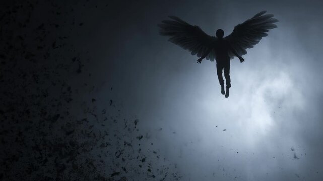 Epic dark fantasy sky with dramatic silhouette of powerful angel flying, one large wing spread in mysterious and spiritual scene evoking awe and wonder