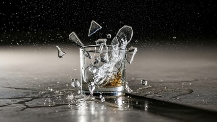 Whiskey glass shattering on wet surface.