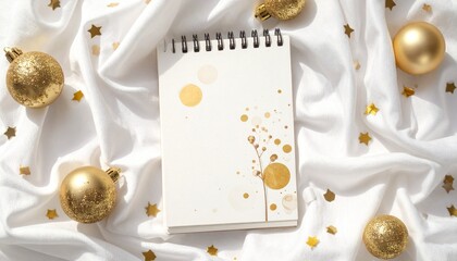 A blank spiral notepad with gold dot borders lies on white satin, surrounded by pine branches, gold and silver ornaments, and scattered confetti, forming a festive holiday-themed composition.