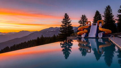 A serene mountain resort pool with water slides at sunset