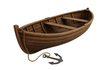 Wooden row boat isolated on transparent background
