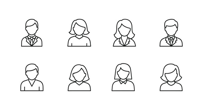 A collection of eight simple line art icons representing diverse business people silhouette