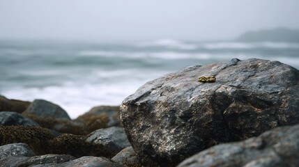 A serene misty seascape unfolds with rugged coastal rocks and gentle ocean waves under an overcast sky