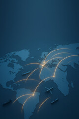 Global logistics and transportation network map with glowing routes showing international shipping, air freight, maritime trade and worldwide supply chain management concept
