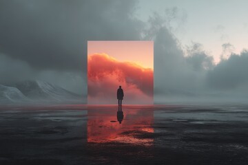 Modern minimalist presentation featuring a solitary figure reflecting on a stunning landscape at dawn in a surreal atmosphere
