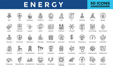 Energy icons set with solar, wind, battery, power bank, capacitor, inverter, generator icon. Simple hand drawn vector
