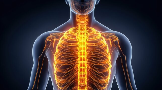 Human skeletal system illustration showing the rib cage, spine, and shoulders