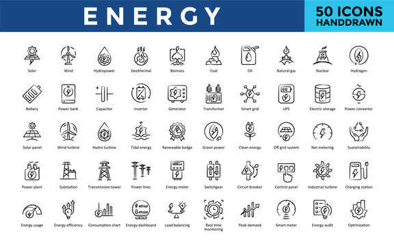 Energy icons set with solar, wind, battery, power bank, capacitor, inverter, generator icon. Simple hand drawn vector
