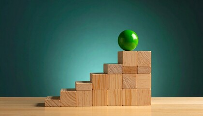 A green apple sits atop a five-step staircase made of wooden blocks, ascending left to right. Set against a teal gradient background, the scene symbolizes growth, achievement, and upward progress.