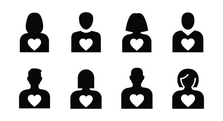 Collection of black human figure icons with heart shapes in their chests silhouette