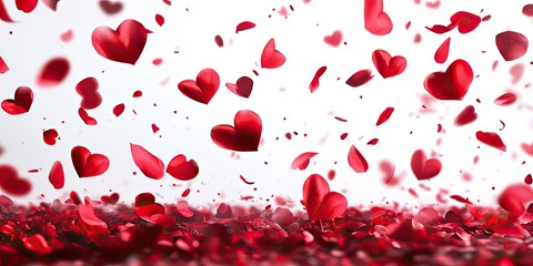 Romantic red hearts and rose petals floating in air on white background