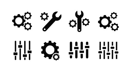 A collection of black tool and gear icons displayed in a simple silhouette