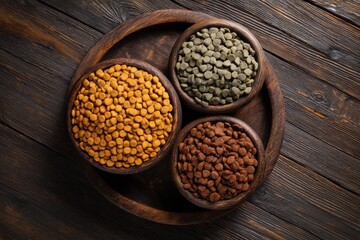 Fototapeta premium Dry dog food in bowl offers a healthy meal choice on a rustic wooden background, capturing the essence of pet nutrition and care during mealtime preparation