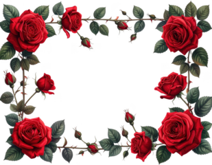 Thin border made of red roses, isolated on white and transparent