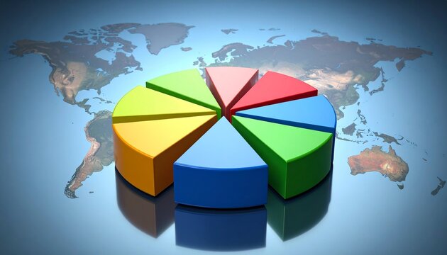 A 3D pie chart with seven colored segments—blue, purple, red, orange, yellow, green, light blue—set against a cloudy sky and world map backdrop, symbolizing global data distribution. - Powered by Adobe