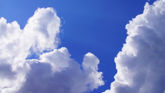 Beautiful fluffy white clouds drift across a bright clear blue sky during a sunny summer day 
a peaceful nature cloudscape atmosphere (timelaps)