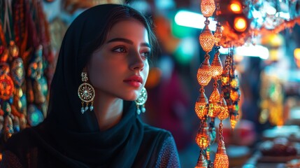 A young woman surrounded by vibrant colors. Her gaze inspires curiosity and dreams. Traditional earrings shine in the soft light. A scene of culture and beauty. Generative AI