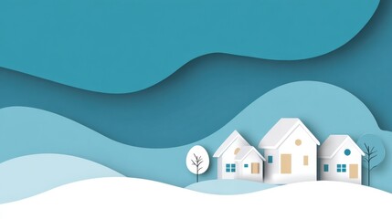 Background shows simple architectural forms of houses set against soft blue waves and white snow, creating a visual focus on real estate themes.