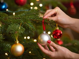 Hands Decorating Christmas Tree with Silver Ornament - Festive Holiday Season