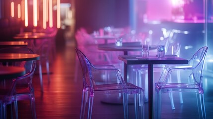 A vibrant restaurant interior showcases modern design and ambiance. The combination of colorful lights and clear chairs creates a unique atmosphere. Generative AI