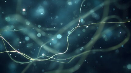 Abstract microscopic strands with glowing bokeh lights in a deep blue underwater environment