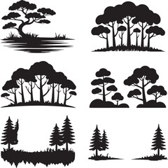 collection of black silhouettes of trees and forests on white background
