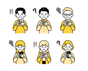 困った表情でスマートフォンを操作する、様々な年代の男性と女性のベクターイラスト素材セット