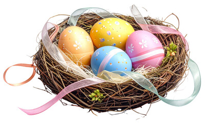 Obraz premium Easter eggs in a nest made of ribbons isolated on transparent background