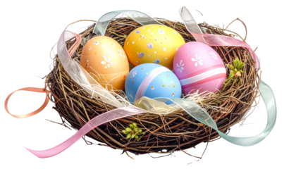 Easter eggs in a nest made of ribbons isolated on transparent background