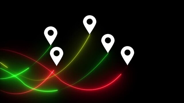 Colorful glowing location markers on dark background with neon light effects and abstract glowing pins