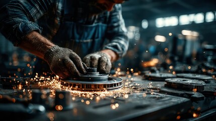 A mechanic's hands work on a disc brake with sparks flying in a workshop