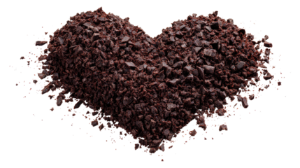 Heart shaped chocolate crumbs heap isolated on transparent background nobody