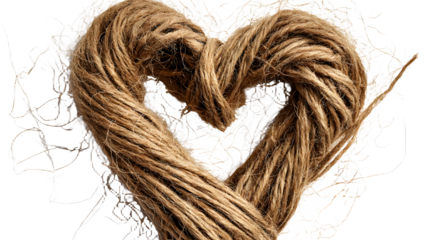 A rustic composition of natural brown jute twine forming a heart shape on a clean white background with loose threads